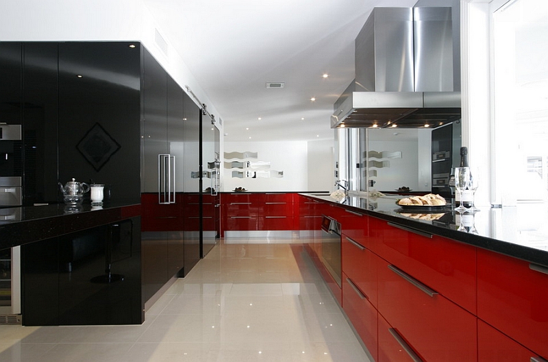 Glossy black and red cabinets are a favorite among contemporary homeowners