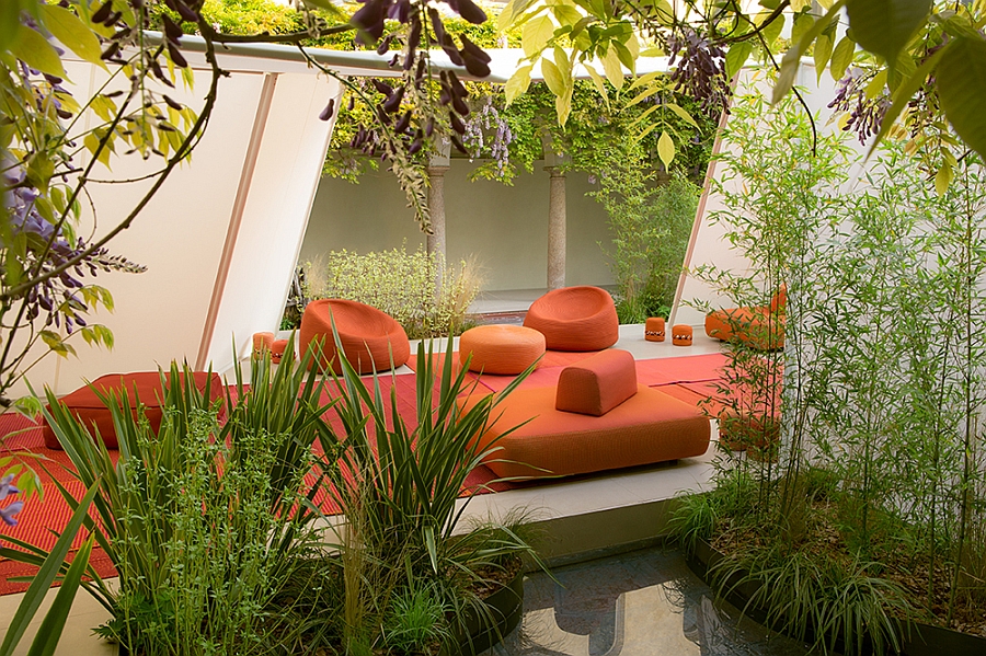 Goregous outdoor seating in bright orange is ideal for the summer evenings