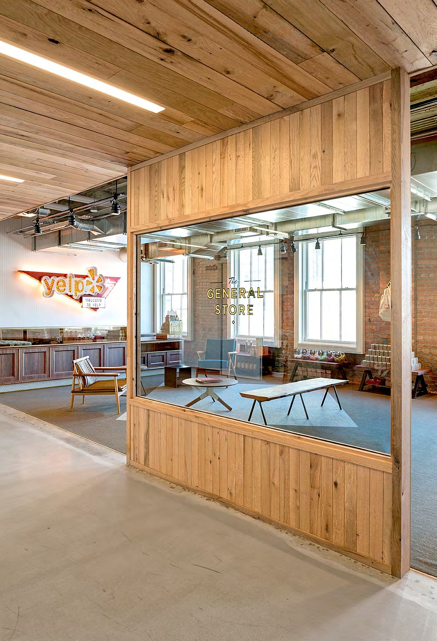 Gorgeous and vintage reception area of the Yelp offices takes inspiration from the past