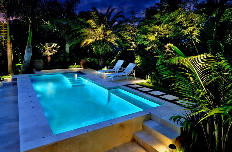 Gorgeous lighting can transform even a small pool deck into a captivating escape