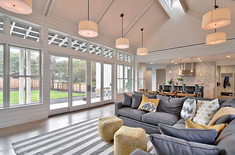 Grey with yellow pops brings refined elegance to the farmhouse style living room