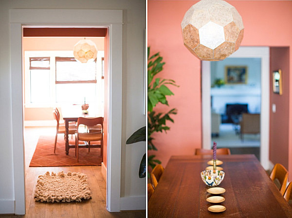 Interesting details in a salmon pink dining room