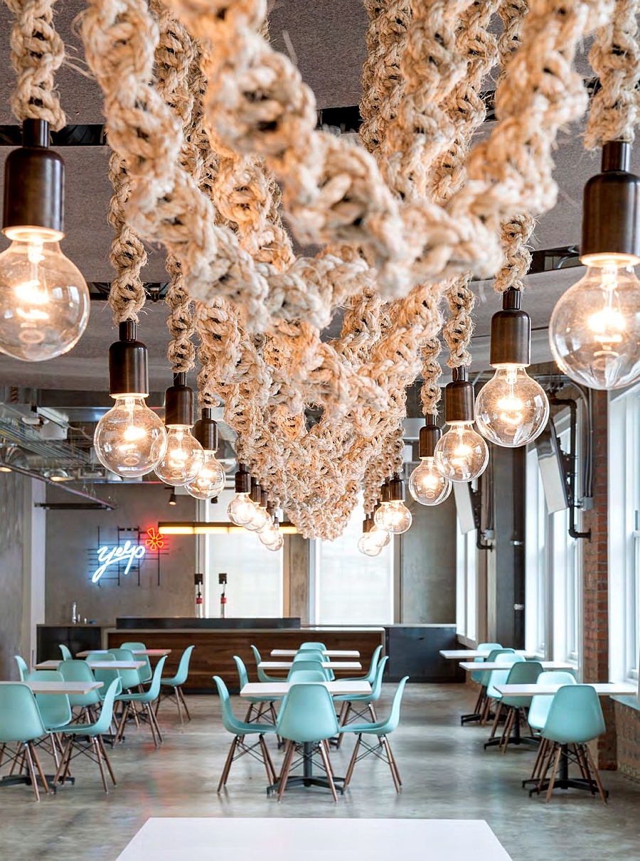 Interesting lighting additions and the Eames chairs give the Yelp office a Midcentury Modern Appeal