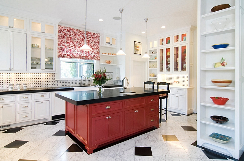 red and black and white small kitchen