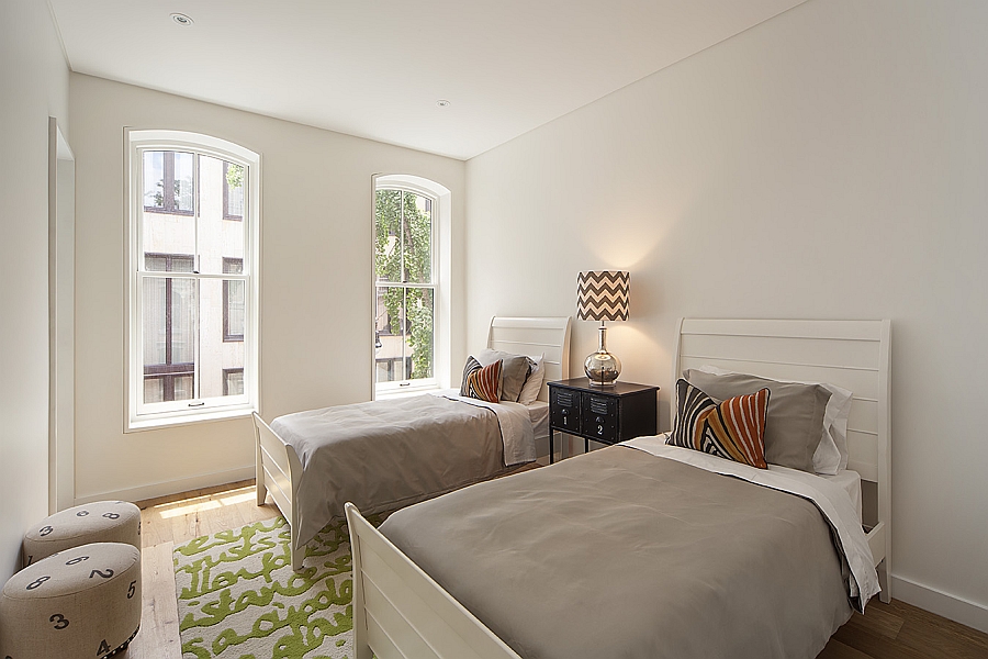 Lampshade with chevron pattern adds some much needed pattern to the bedroom