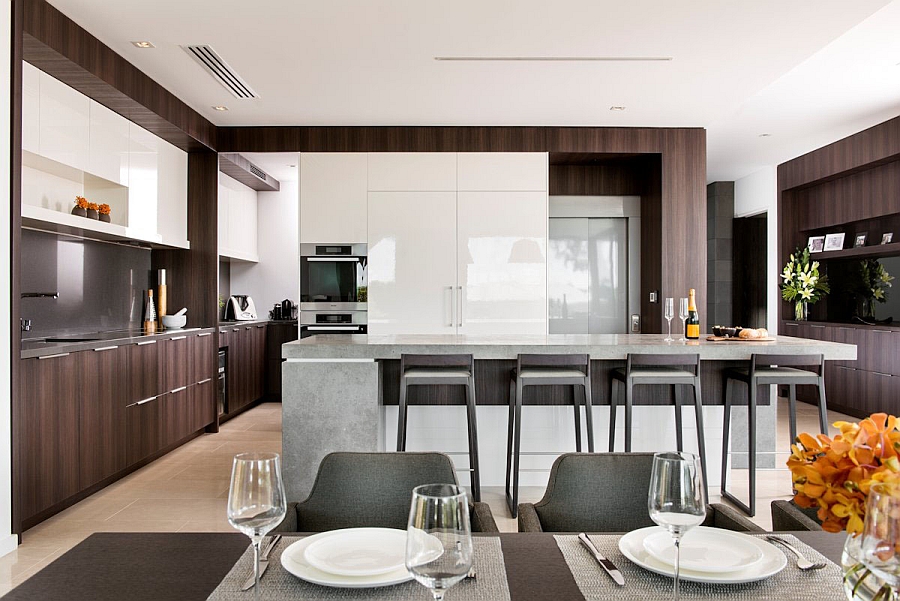 Large kitchen with a spacious island and serving area