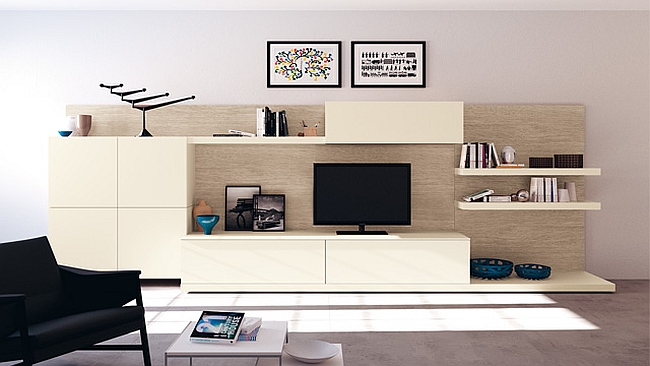 Living area composition with a dynamic wall unit and a Khaki Oak wall cladding