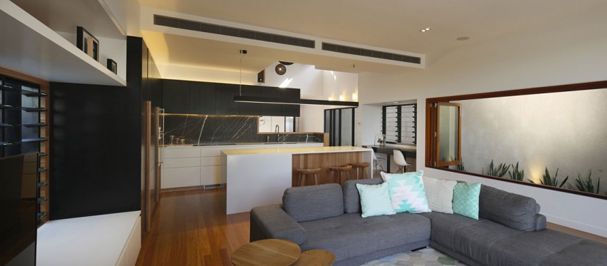 Living room and the kitchen in an open floor plan