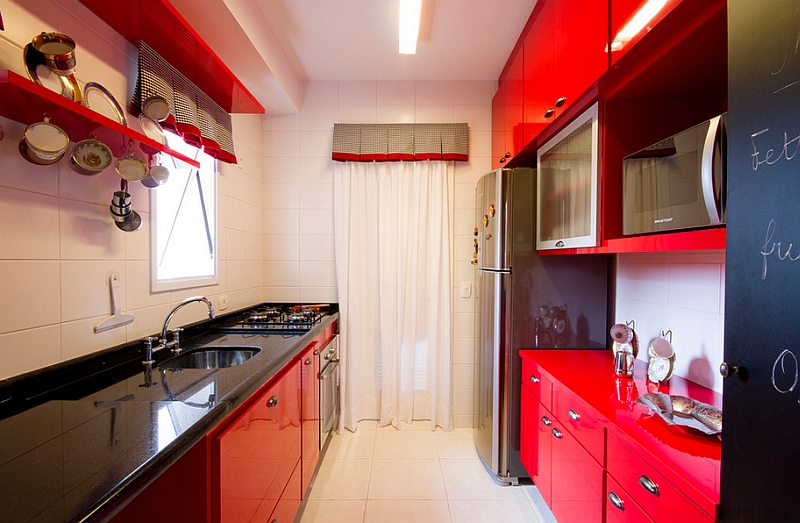 Make the black and red color scheme work even in a tiny kitchen