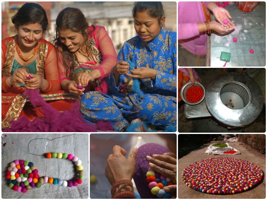 Making of the felt ball rugs by artisans in Nepal