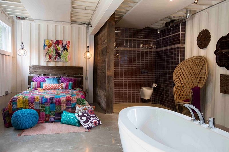 Master bedroom has a bohemian-meets-luxury-hotel look with industrial overtones!
