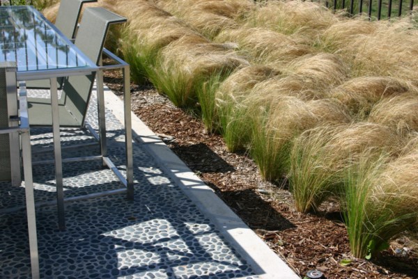 Mexican feather grass embellishes an outdoor dining space