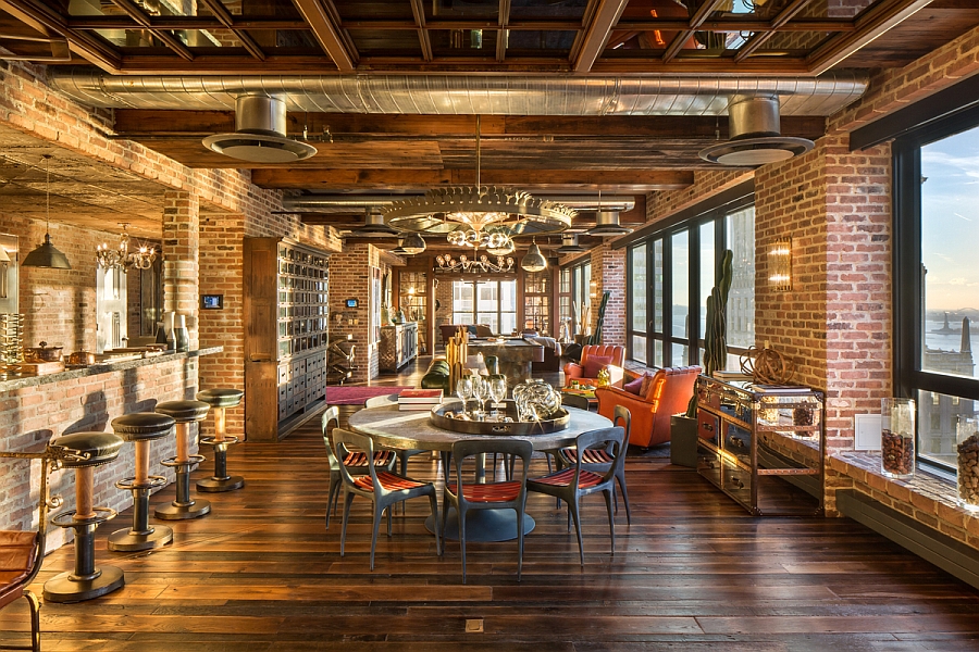 NYC Penthouse living room combines the vintage, rustic and industrial elements