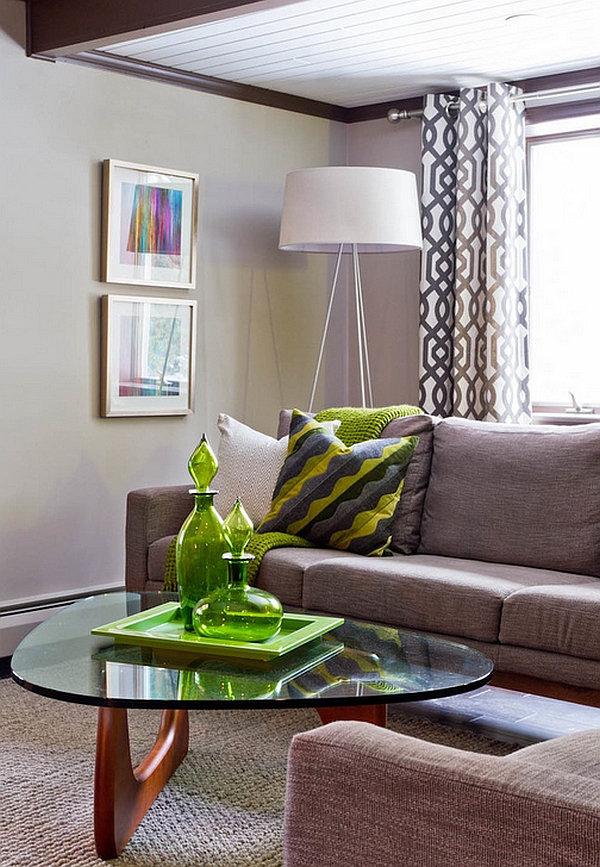 Oversized tripod floor lamp in the cozy living room in gray