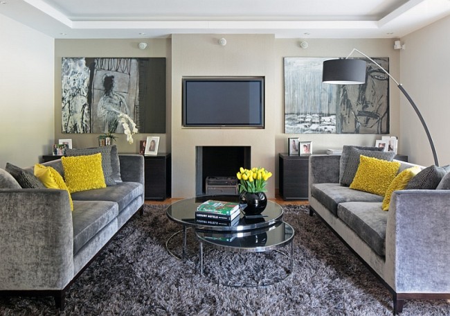 silver and yellow living room