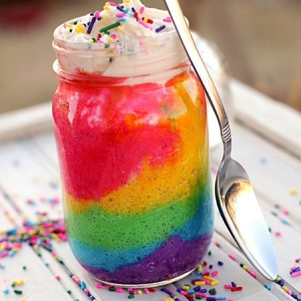 Rainbow cake in a baby food jar