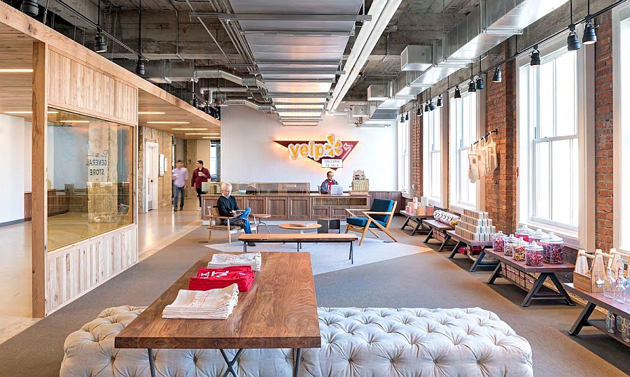 Reception area of the brand new Yelp Headquarters in San Francisco
