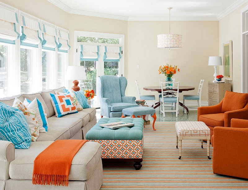 Refreshing pops of orange and blue in the living room