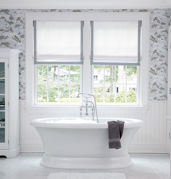 Relaxing contemporary bath in white with sleek Roman Shades