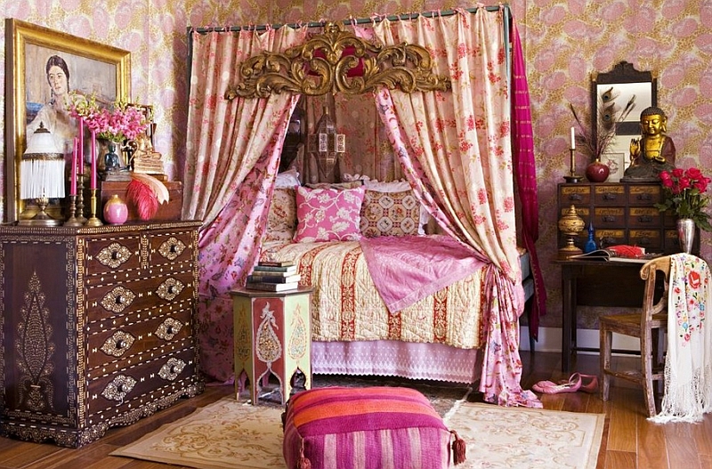 Romantic bedroom in bohemian style is draped in beautiful pink hues