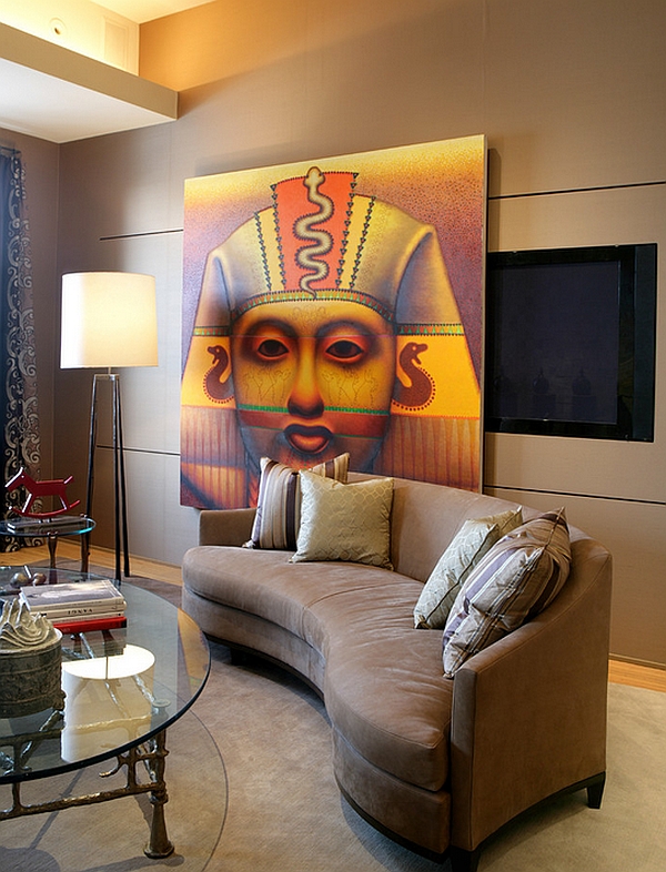 Shinto Tripod Floor Lamp and the wall track system with Egyptian themed painting steal the show here