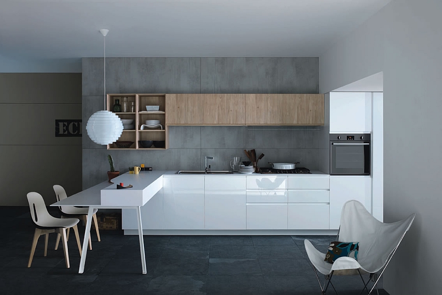 Sleek white cabinets and wooden shelves complement the exposed concrete backdrop of the kitchen