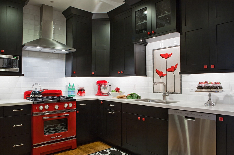 Small black, white and red kitchen idea