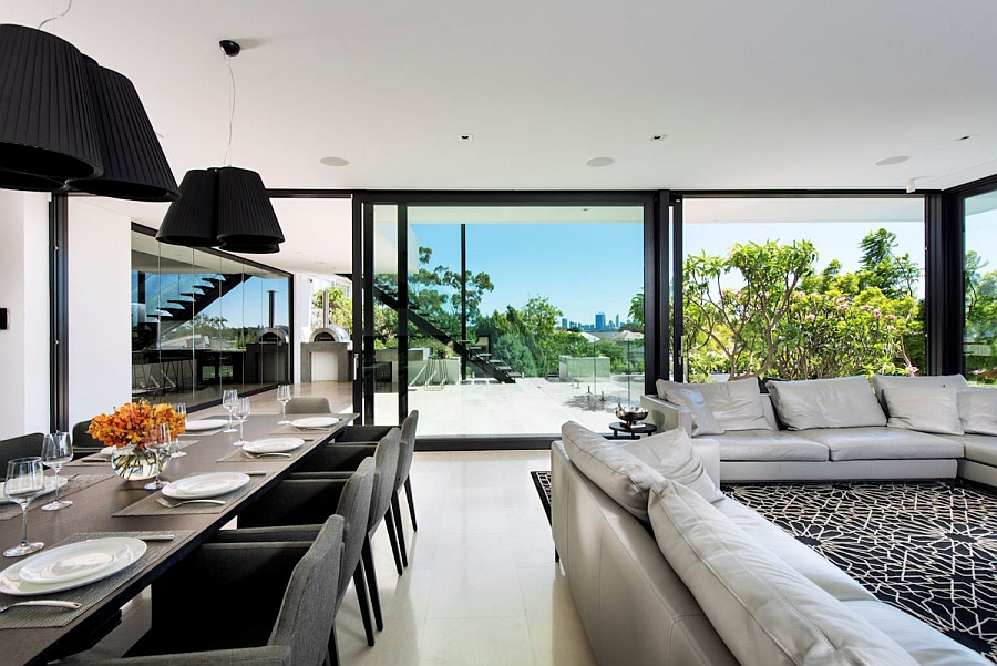 Spacious dining area with twin pendants in black above