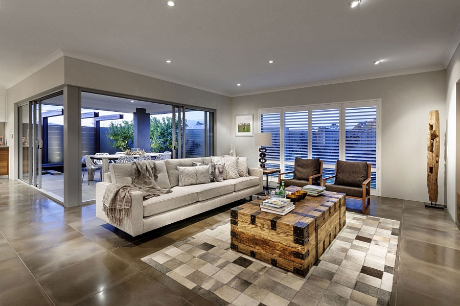 Stunning living space with a unique coffee table and wooden elements