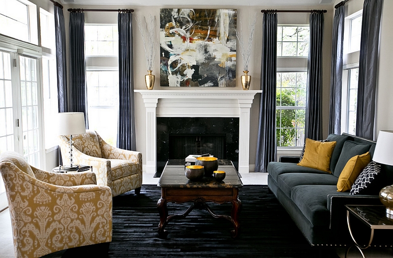 Stunning living space with platinum silk draperies in charcoal grey and golden yellow decor