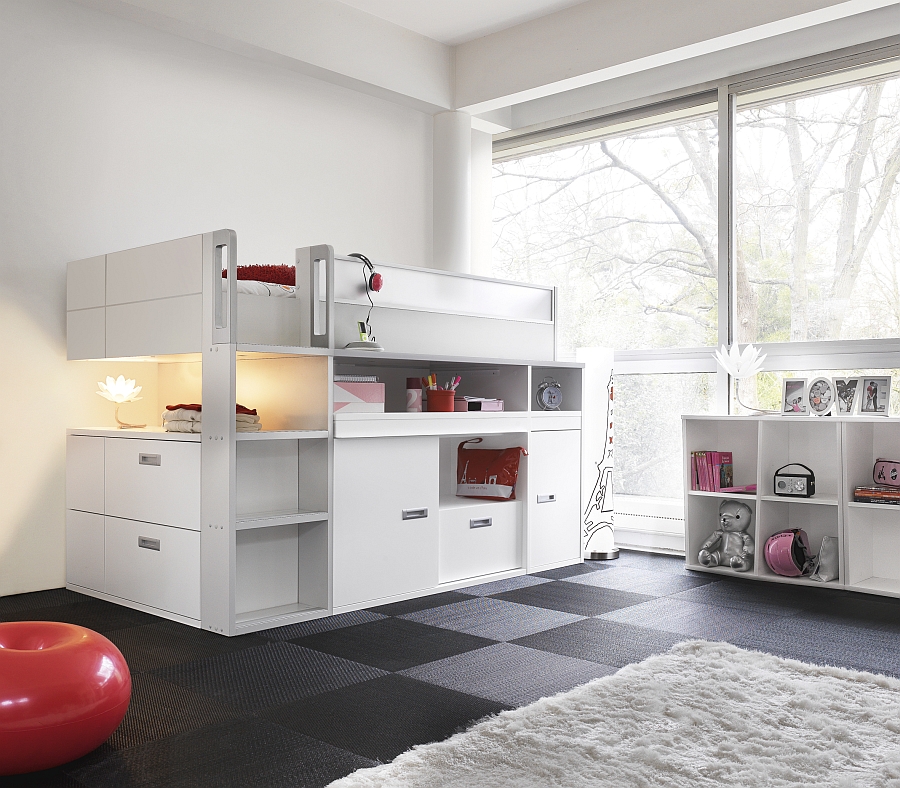 Stylish top bunk bed with storage and workdesk underneath in white for the trendy kids' room