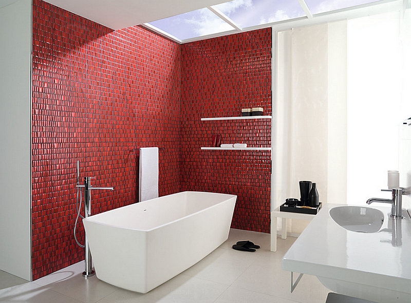 Subtle black grout between the red tiles makes a big visual impact in this stunning spa-like bath