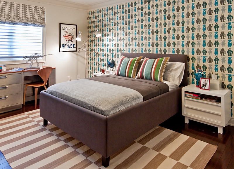 The cherner chair, workstation and the wallpaper in this kids' bedroom make it truly timeless