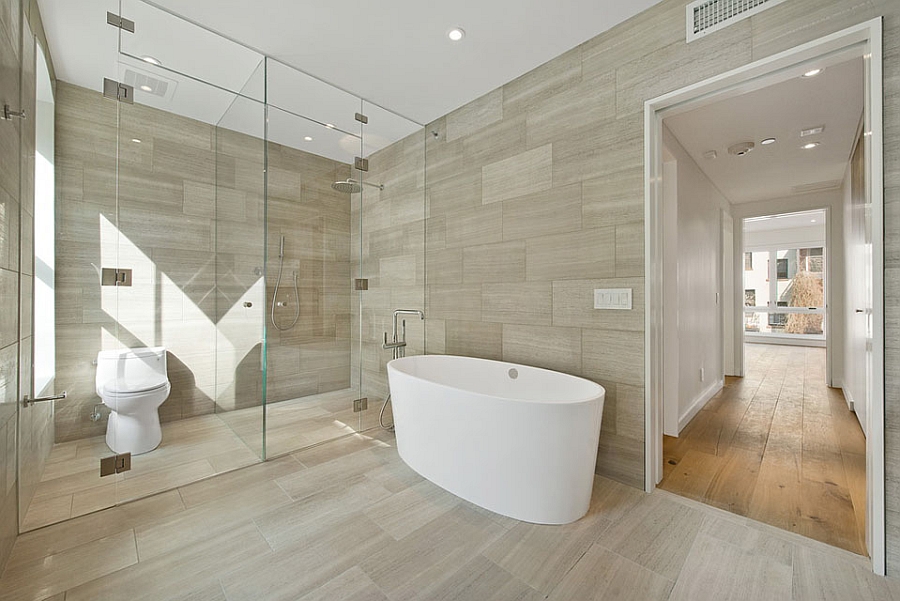 Tranquil and soothing contemporary bath with a standalone bathtub