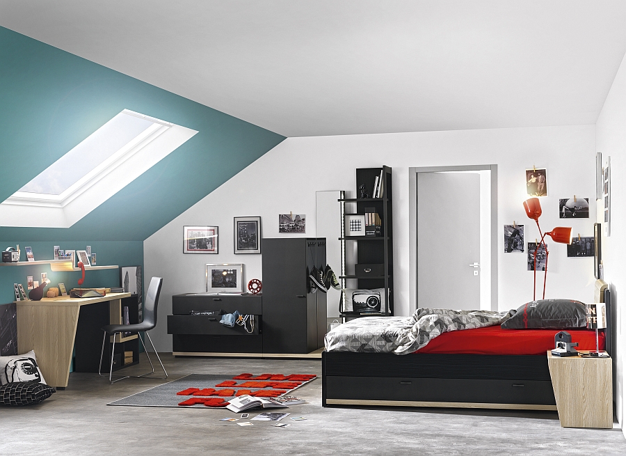 Urban bedroom from Gautier combines bright accent hues with the classic Black and White look