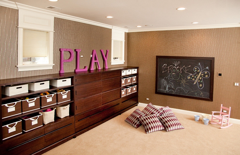 Walls add textural and visual contrast to the basement playroom