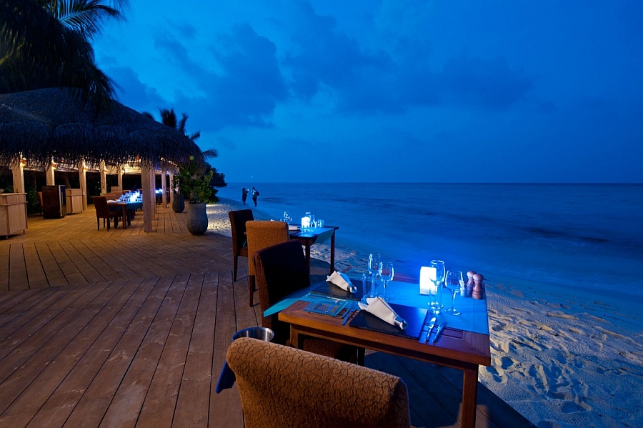 A night dining on the beah next to the Indian ocean at the Kuramathi Resort, Maldives