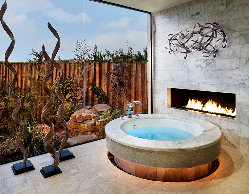 A scorching hot fireplace to complement the opulence of the Jacuzzi with jets in the bath