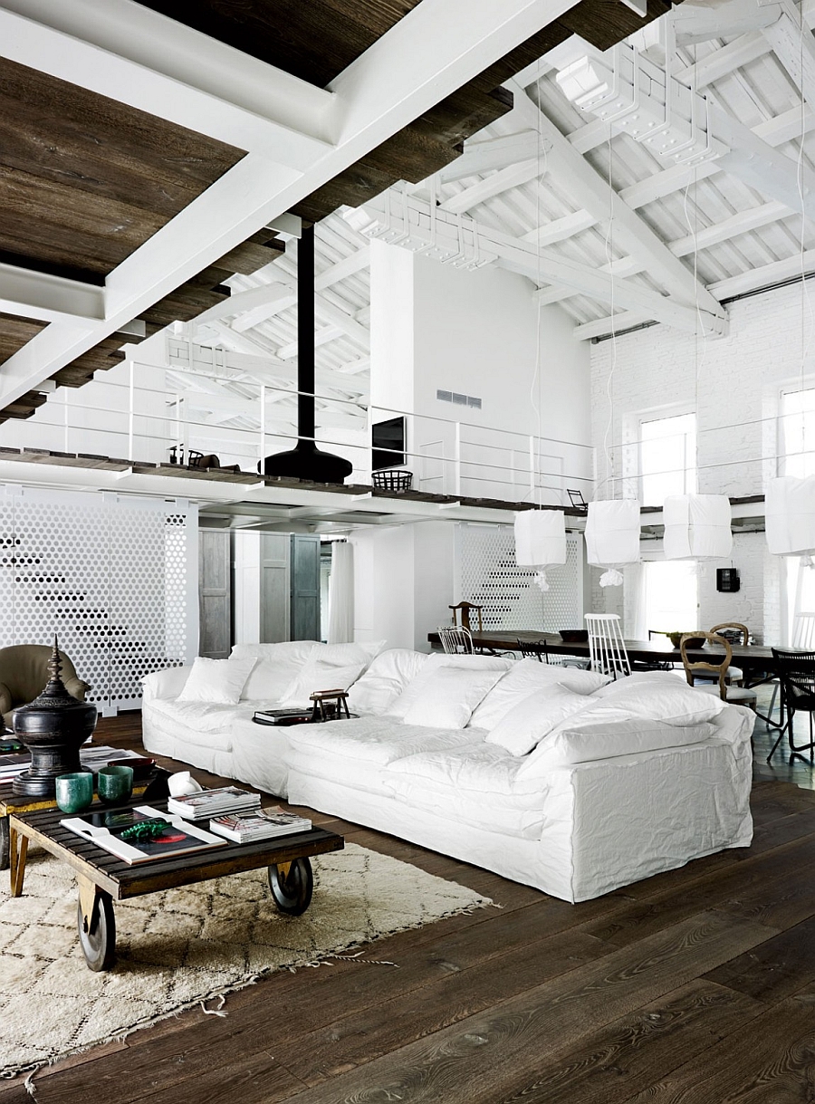 A trolley found at the local flea market doubles as the coffee table in the living room