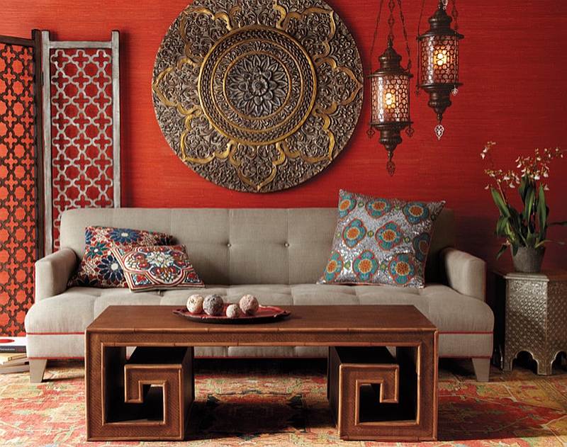 Bamboo Coffee Table and ornate details shape this chic living room in bold colors