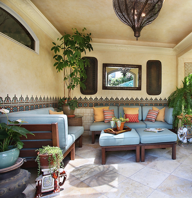 Beautiful Moroccan patterns and tile enliven the cool patio