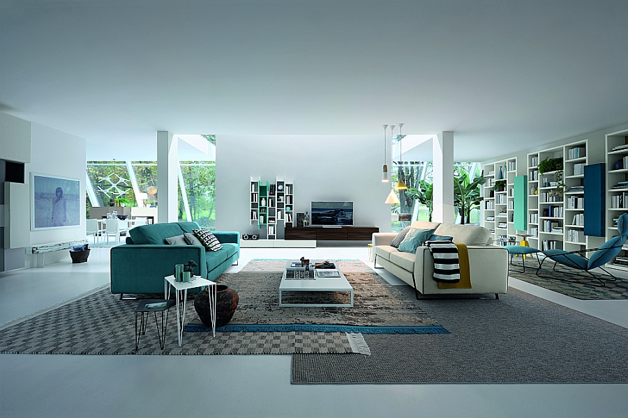 Beautiful pops of turquoise and decor in matching hue create a truly stunning living room