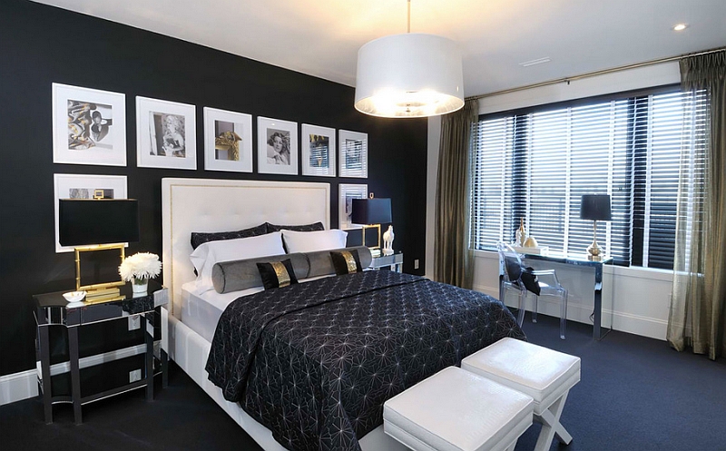 Black and white in the bedroom create a Hollywood Regency style thanks to the pops of gold