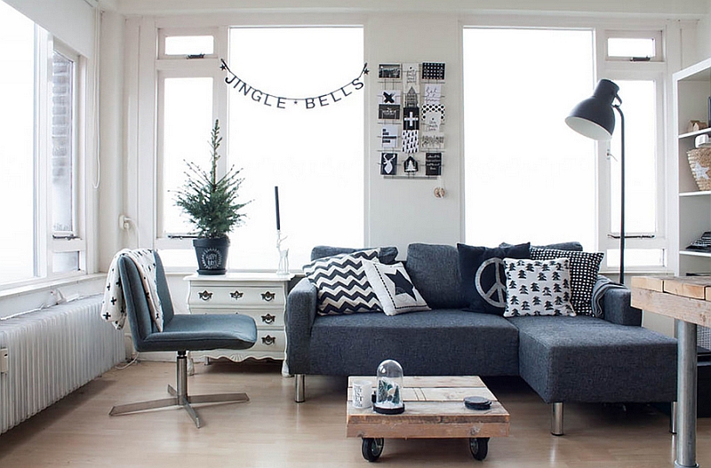 Black and white living room with some Christmas cheer