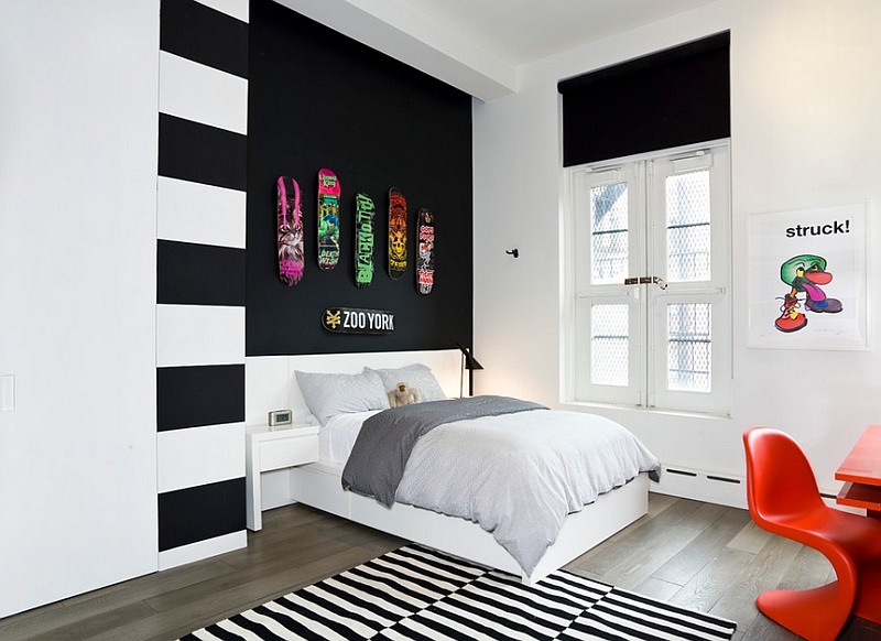 Bright pops of color and restrained use of black in the stylish teen bedroom