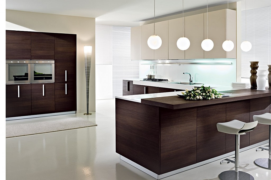 Chic modern kitchen with dark wood finishes and an ergonomic kitchen island