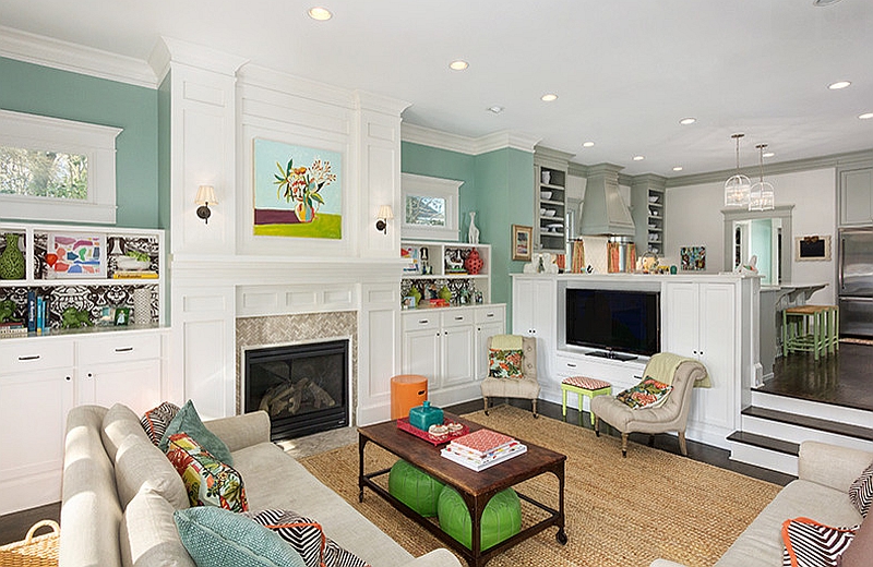 Classic step-down living room with smart pops of bright color