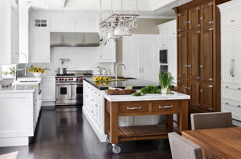 Combine the rolling island with the traditional kitchen island in an elegant manner