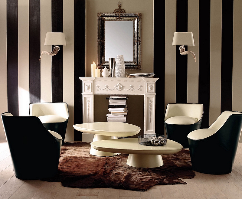 Combining a traditional design style with trendy additions like vertical black and white stripes