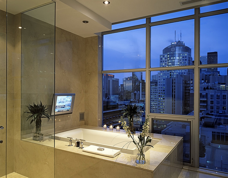 Contemporary bath with a view of the city skyline